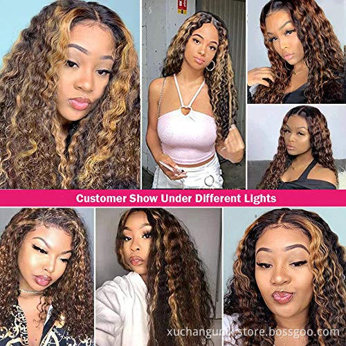 Glueless Highlight 26inch Water Wave Hair Wigs,Brazilian Virgin Lace Front Wig,Natural Pre-plucked Hairline Lace Frontal Wigs